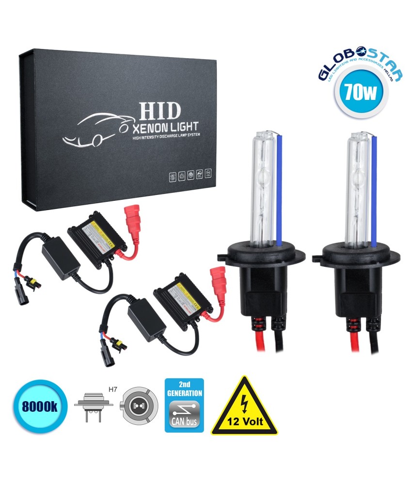 GloboStar® 84114 H7 CB Line KIT Βασικού Φωτισμού Αυτοκινήτου & Μοτοσυκλέτας 2nd Generation Can-Bus Series XENON 70W 6400lm DC 9-16V Αδιάβροχο IP65 Ψυχρό Λευκό 8000K